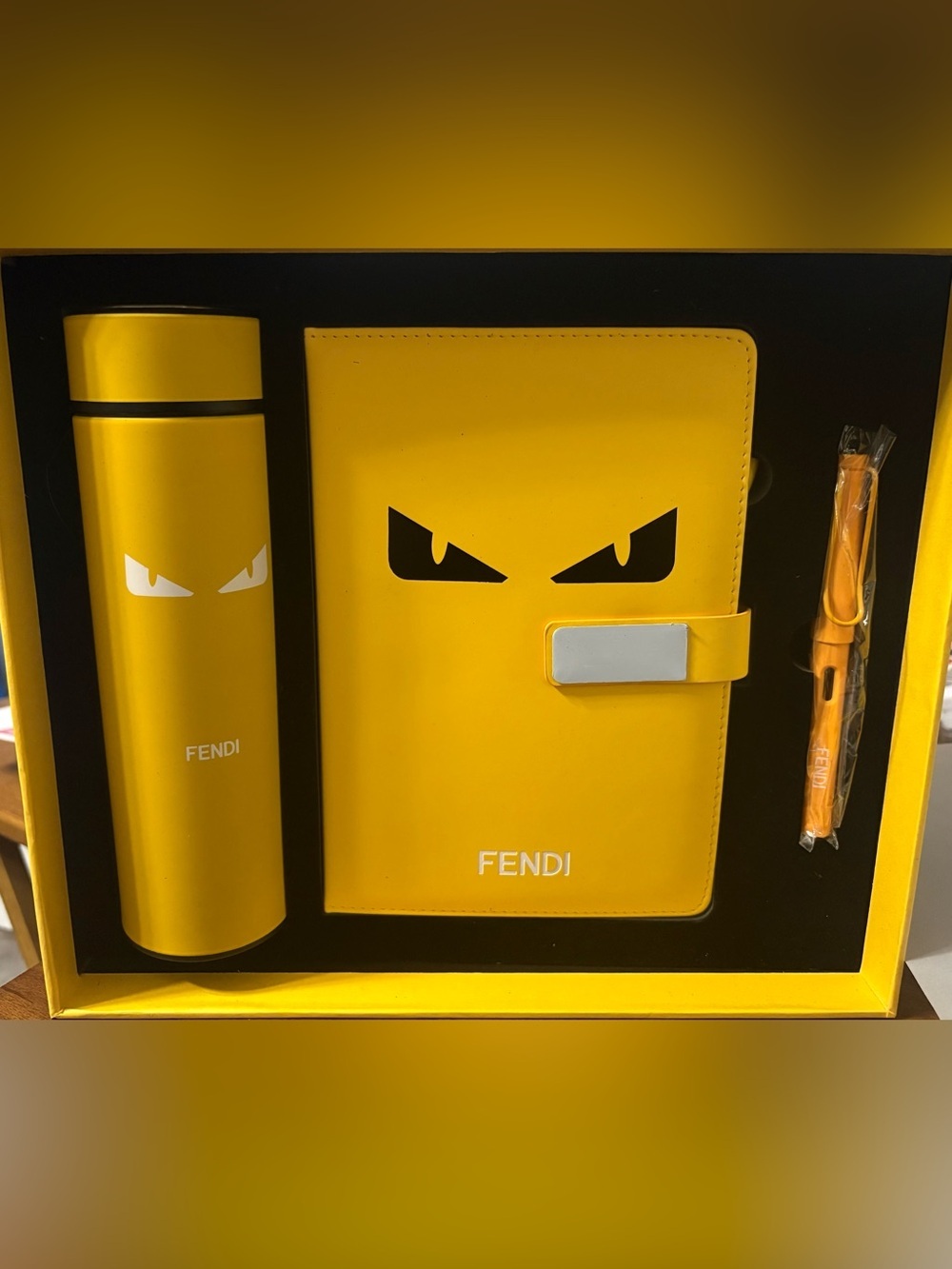 NIB Authentic Fendi Yellow Monster Eye VIP Gift Set- Notebook Tumbler Pen